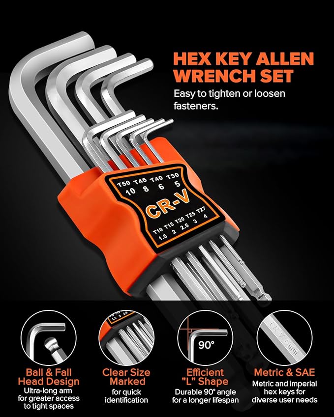 27pcs Allen Wrench Set - Long Arm SAE & Metric Torx Star Ball End Hex Key Set
