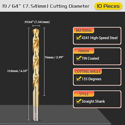 Drill Bit, 19/64" Cutting Diameter, 4341 HSS TiN Coated 135° Cutting Angle Jobber Bits - (Applications: for Drilling Soft Metal Plastic Wood), 10-Pieces