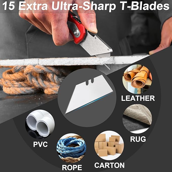 HAUTMEC 3-Pack Folding Utility Knife, Heavy-Duty Aluminum Box Cutter with Quick-Change Blades & Lock-Back Safety Design, Ergonomic Streamlined Grip Includes 15 Extra SK5 Blades, HT0429