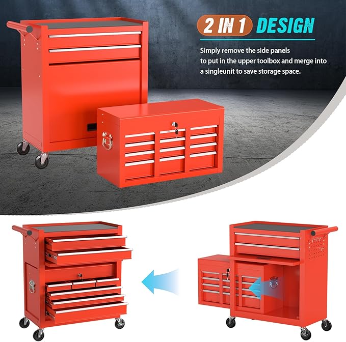 8-Drawer Rolling Tool Chest with Wheels, 2-in-1 Detachable Tool Box with Drawers and Large Cabinet, Rolling Tool Chest Storage Cabinet with Lockable for Warehouse, Garage, Workshop (Red)