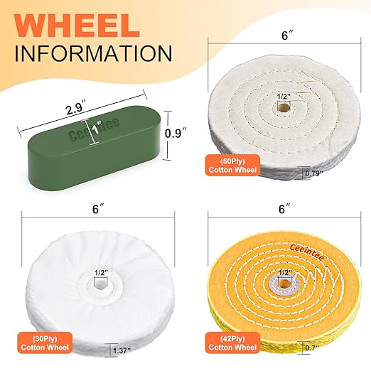 8 Pack 6 Inch Polishing Wheel for Bench Grinder, Include 1/2" Arbor Hole 2 Yellow Cotton(42Ply), 2 White Cotton Polish Wheels(50Ply), 1 Soft Flannel Buffing Wheel(30Ply)& 3 Polishing Compound