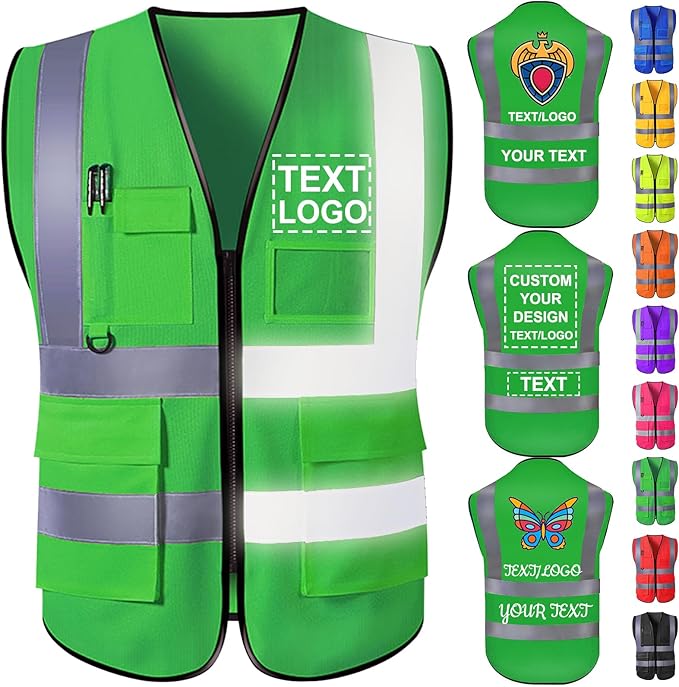 Custom Safety Vest with Logo for Men Women Personalized Class 2 High Visibility Reflective Vests with Pockets Zipper(S-5XL)