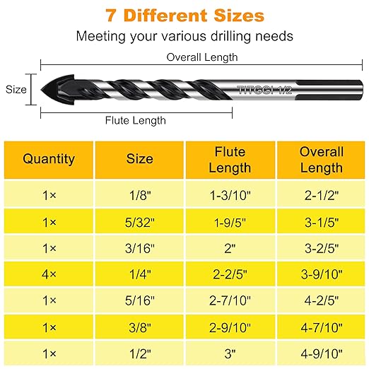 Professional Masonry Drill Bit Set (10PCS) for Glass/Brick/Plastic/Cement/Wood/Tile/Etc, Industrial Strength Carbide Drill Bit Tip, 1/8"-1/2" by TITGGI