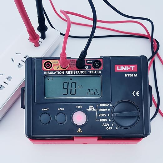 UNI-T 1000V Megohmmeter Insulation Megger Tester, Ground Resistance Tester Meter 0 Megohm to 5.5GΩ with AC 100V/250V/500V Testing Voltage & LCD Display Backlight(UT501A)