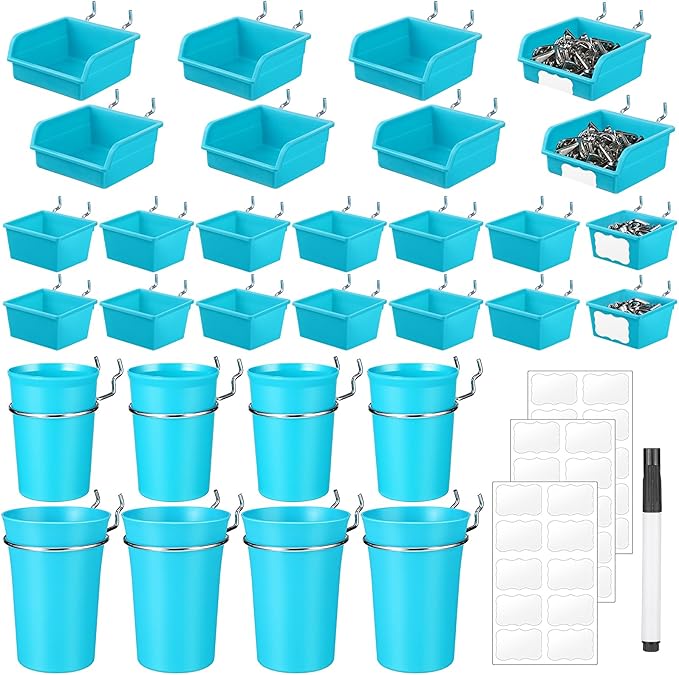 64 Pieces Pegboard Bins Pegboard Cups with Hooks and Loops Peg Hooks Assortment Organizer Accessory for Organizing Accessories Tools Storage Office Workshop Garage Workbench (Blue)