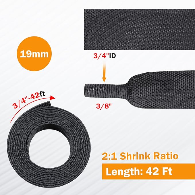 2:1 Ratio Flat Heat Shrinkable Braided Sleeving,Electrical Insulating Tubing,Durable Automotive Fabric Harness Shrinking Sheath (3/4"-42ft)
