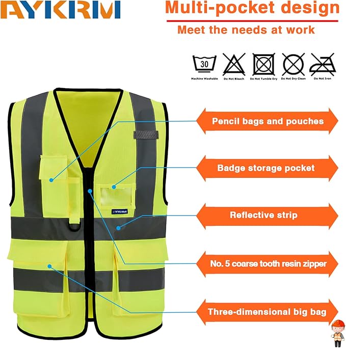 X Small High visibility vest,Reflective Safety Vest Workwear 7 Pockets Hi Vis Durable Vest