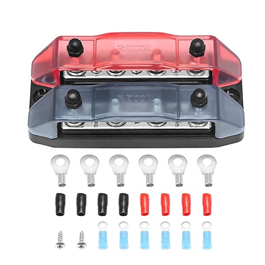 Recoil DBBS43 Dual Row Busbar Positive and Negative 4 x M5 Studs 3 x #8 Screw Terminals Power and Ground Distribution Block with Ring Terminals Bus Bar