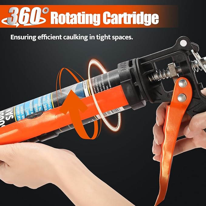 Holothurian Caulking Gun, No-Drip Hand Caulk gun, Silicone Gun with Comfort Grip, 1/10 Gallon Cartridge, 12:1 Thrust Ratio, and Two Nozzles and Scraper