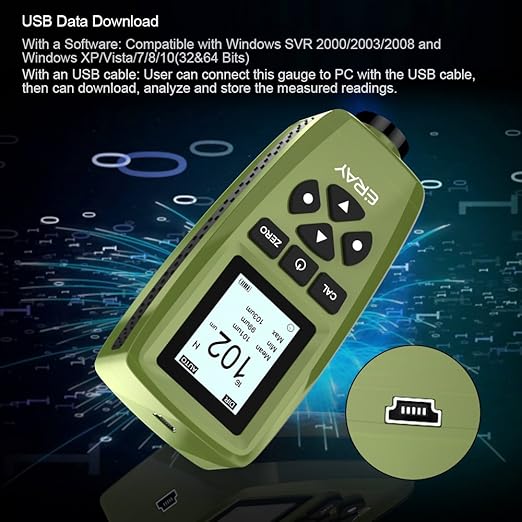 Mil Thickness Gauge, Coating Thickness Gauges, ERAY Paint Depth Gauge Meter with Backlight LCD Display for Car Automotive, Limit Alarm/Data Storage/Export Data/PC Software Analysis (Green)