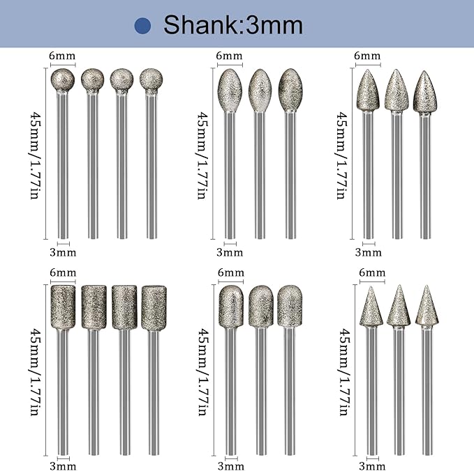 Stone Carving Set Diamond Burr Bits Compatible with Dremel, 20PCS Polishing Kits Rotary Tools Accessories with 1/8’ Shank for Carving, Engraving, Grinding, Stone, Rocks, Jewelry, Glass, Ceramics