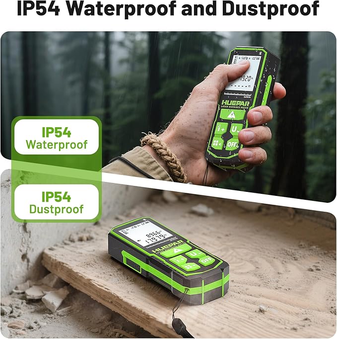 200ft Laser Measuing Tool with Bluetooth APP, Huepar Rechargeable Green Beam Laser Distance Meter ±1/16" High Accuracy, Multiple Measurement Modes, IP54 Durable for Home & Construction