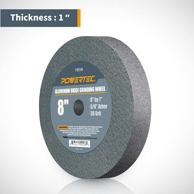 POWERTEC Bench Grinder Wheel 8 Inch 36 Grit, Aluminum Oxide Grinding Wheel for Bench Pedestal Grinder, 1" Thick 5/8" Arbor, Sharpening & Shaping Drill Bits, Blade, and Chisel 1PK (15516)
