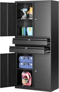 Metal Storage Cabinet with Drawer and Locks,Black Garage Storage Cabinet with Locking Doors and Adjustable Shelves,71" Tall Large Metal Cabinets with Magnetic Door for Home,Office,Garage