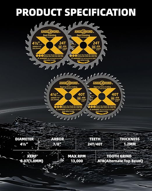 ANGELSWORD 4-1/2 Inch Circular Saw Blade, 7/8" Arbor Used on Angle Grinder, 24T for Framing&40T for Ripping, Cross Wood Cutting, 4 Pack, with 3/8"&5/8" Bushing