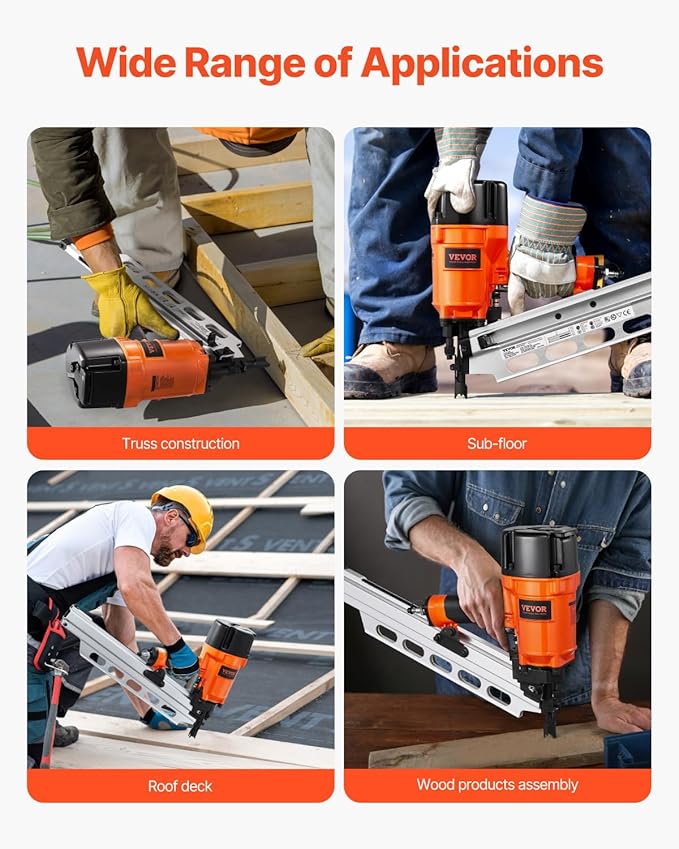 VEVOR Framing Nailer, 2" to 3-1/2" 21 Degree Full Round Head Pneumatic Framing Nailer with Dual Trigger Modes & Tool-Less Depth Adjustment, 80-120PSI Pro Air Nail Gun for Framing Flooring Decking