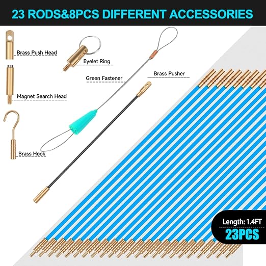 32.2FT Fiberglass Running Electrical Wire Cable Glow Rods Wire Pulling, Fish Rods Electrical Kit with 6 Different Attachments and Fish Tape Wire Puller Kit (32, Blue)