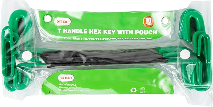 10-Piece Green Torx Star T-Handle Allen Hex Key Wrench Set（T9-T50-7.4 inches long， CR-V Material, Printed Specifications, Versatile Tool for DIY