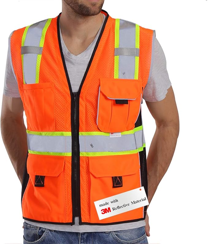 Dib Safety Vest Reflective Orange Mesh, High Visibility Vest with Pockets and Zipper, Heavy Duty Vest Made with 3M Reflective Tape S
