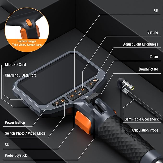 Teslong Articulating Borescope with Dual Lens Endoscope Camera, Two-Way Articulated Industrial Inspection Camera with LED Light, Flexible Mechanic Fiber Optic Snake Scope Cam for Wall Automotive-5FT