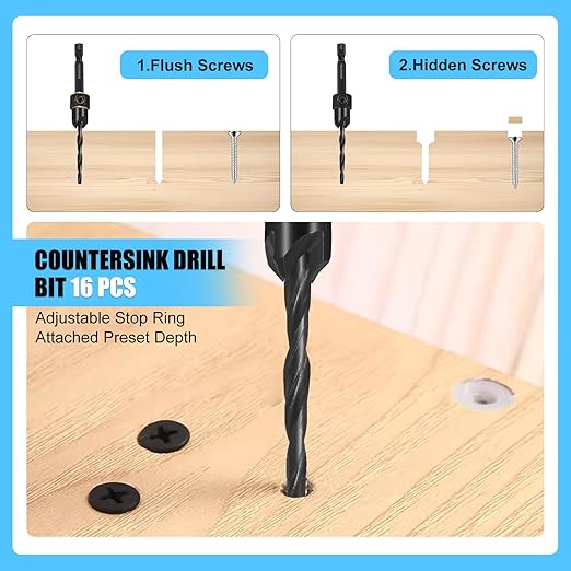Countersink Drill Bit Set for Wood, 16 PCS High Speed Steel Woodworking Tapered Drill Bits Counter Sink Drill Bit with 2PCS 1/4" Hex Shank Wood Plug Cutter Quick Change with Storage Box