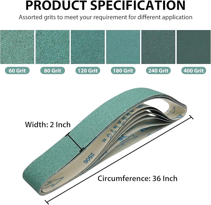 2 x 36 Inch Ceramic Sanding Belts, 2x36 Metal Grinding Sanding Belt 60/80/120/180/240/400 Grit, Sander Belt for Knife Making, Rust Removal, 6 Pack
