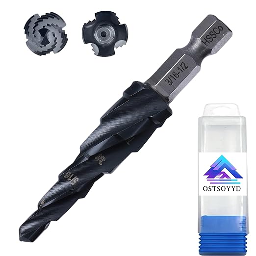 Step Drill Bits M35 Four Spirl Flute Cobalt Step Drill Bits Set 3/16"-1/2" （6 Sizes ） Wear-Resistant TiAlN Coated,1/4" Hex Shank Drill for Metal, Stainless Steel, Aluminum, Plastic