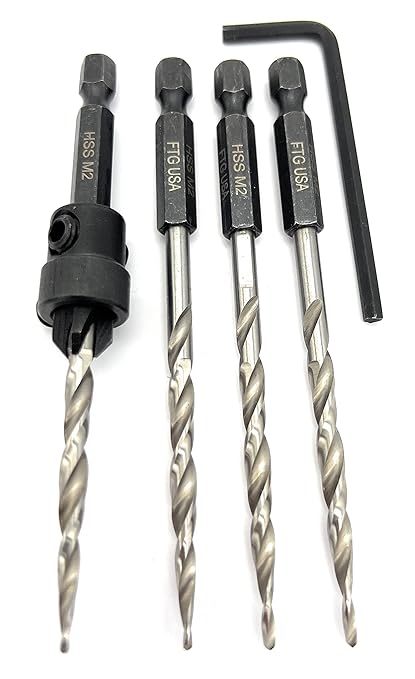 FTG USA Adjustable Wood Countersink Drill Bit #8 (11/64") with 3 Tapered Drill Bits for Woodworking