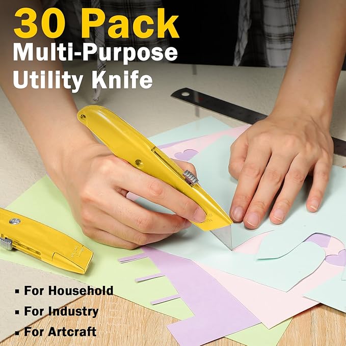 Reginary 30 Pcs Box Cutter Bulk Retractable Blade Utility Knife Heavy Duty Aluminum Alloy Razor Shell Knife for Cartons, Cardboard and Boxes, DIY, Factory, Home(Yellow)