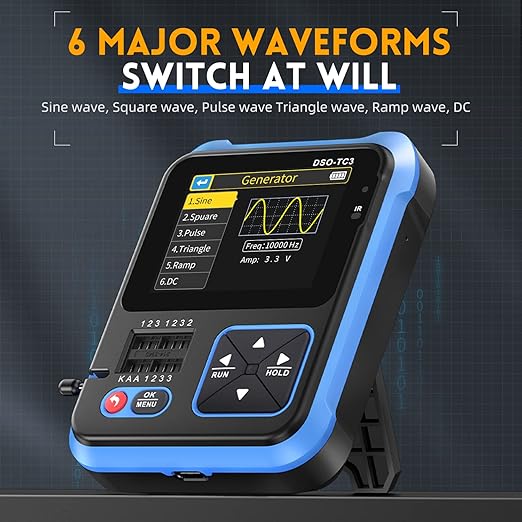 FNIRSI DSO-TC3 Oscilloscope - 3-in-1 Handheld Oscilloscope & DDS Signal Generator & Transistor Tester, 500Khz Bandwidth 10MSa/s Sampling Rate, 6 Types of Waveforms, Transistors Measure