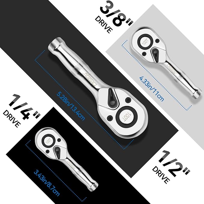 DISEN 3-Piece Stubby Ratchet Set – 1/4", 3/8", 1/2" Drive | 100-Tooth Ratchet with EVA Storage Tray | Quick Release Button | Non-Slip Grip | Reversible 3.6° Design for Tight Spaces, Chrome Finish