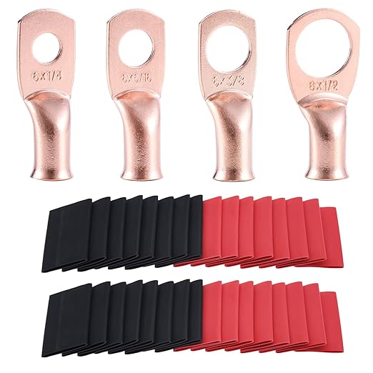 62PCS 6 AWG Ring Terminal Connectors Battery Copper Wire Lugs 6 Gauge 5/16", 3/8", 1/4", 1/2" with Heat Shrink Tubing Set, 30Pcs Battery Cable Ends and 32PCS Heat Shrink Tubing