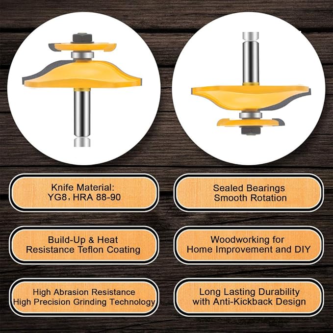 LEATBUY 3 PCS Router Bit Set 1/2 Inch Shank, Round Panel Cabinet Door Rail Stile Router Bits, Woodworking Wood Cutter, Table Carbide Groove Tongue Milling Tool(1/4-single)