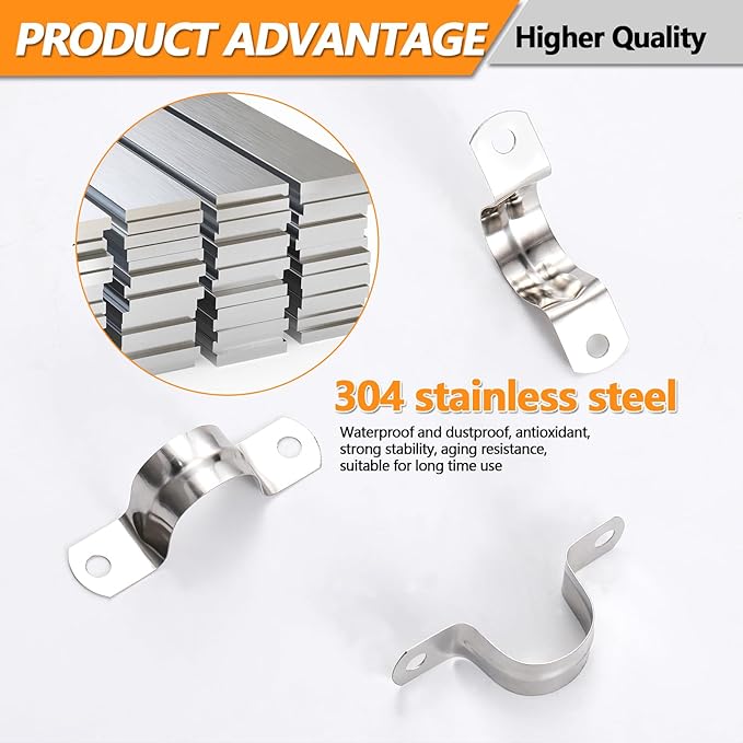 60PCS M25 Stainless Pipe Strap, 1 Inch Stainless Steel Conduit Clamps, 2 Hole Strap U Bracket Rigid Pipe Strap Metal U Clamp Conduit Strap Tension Clips U-tube Pipe Clamps（25mm）