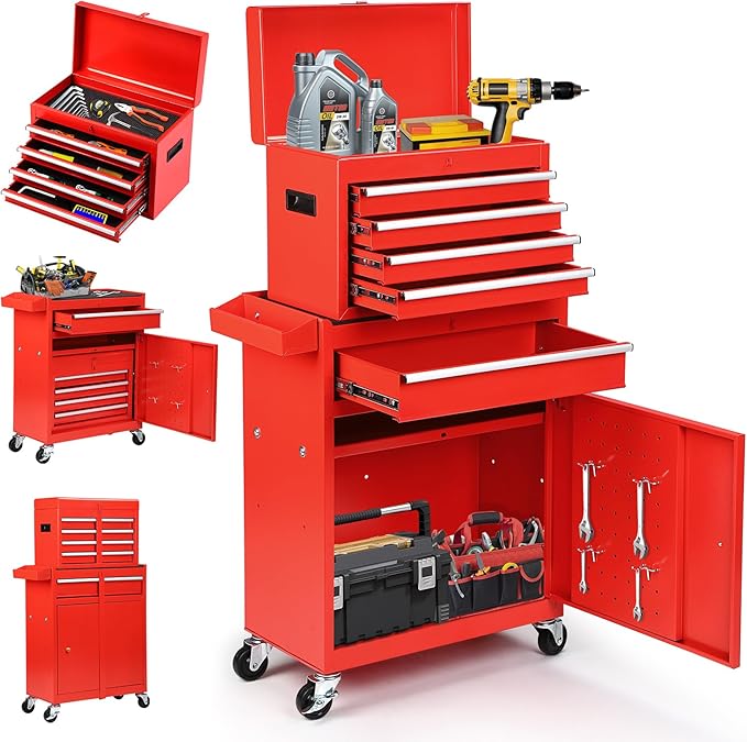 5-Drawer Rolling Tool Chest with Wheels - High Capacity Tool Cabinet with Detachable Top Toolbox for Garage and Workshop Organization - Metal Tool Cart with Liner & 4 Hooks, Red
