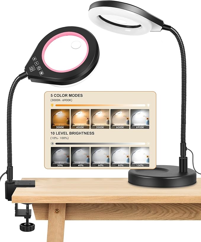 Flexible Gooseneck 2-in-1 Magnifying Glass with Light and Stand,10x & 5x Real Glass Lens Magnifying Lamp, 5 Color Stepless Hands-Free LED Desk Lamp with Clamp for Painting, Crafts, Reading (Pink)