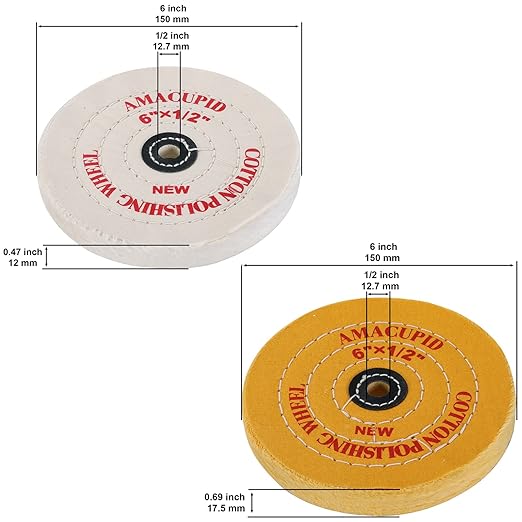 Cotton Buffing Wheel Kit 6 inch. for Bench Grinding Wheel Polishing Machines. Polishes Jewelry, Glass, Tools and More. 1/2 inch Arbor