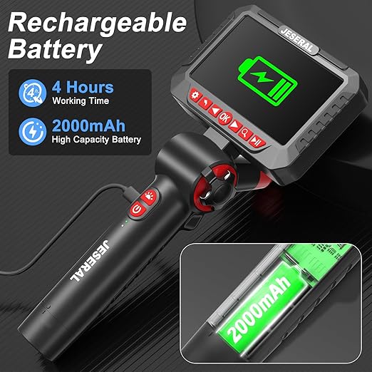 Articulating Borescope Camera - JESERAL 5" HD 1080P Inspection Camera Screen with 6 Led Light, Endoscope with 6.2mm Len IP67 Waterproof Probe, 3X Zoom Borescope with Semi-Rigid 5FT Cable for Mechanic
