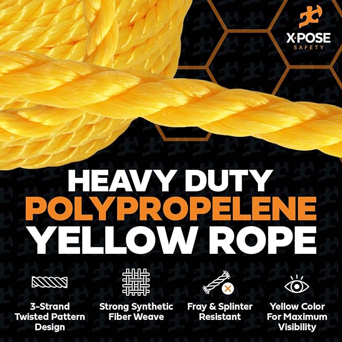 Yellow Twisted Polypropylene Rope, 3/4" Thickness x 600' Length Heavy Duty Poly Ropes for Outdoor and Marine Use, Yellow Rope for Visibility & Safety