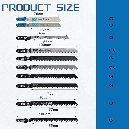 52PCS T Shank Jigsaw Blades Set,BeQell HCS/HSS Jig Saw Blades for Wood, Plastic and Metal Cutting(T118A,T118B,T101AO,T101B,T101BR,T101D,T111C,T11D,T144D,T244D)