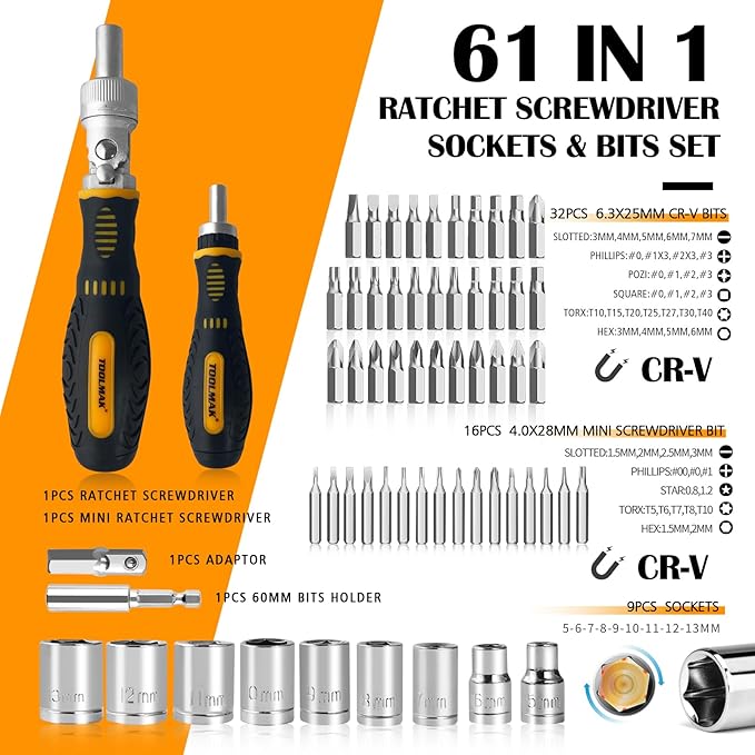 61 PCS Ratchet Screwdriver Set with Bits,Socket Wrench Set,Small Precision Screwdriver Set,Tool Set with Rotatable Ratchet Handle and Storage Case for Women, Men, DIY, Home Repair