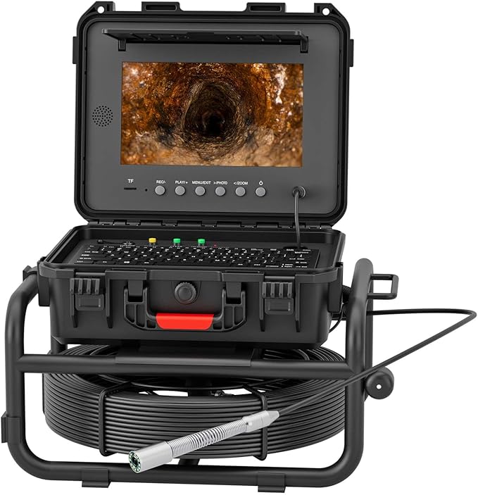 Sanyipace Sewer Camera 165FT/50M with 512Hz Transmitter, Self-Leveling, Distance Counter, Plumbing Inspection Cámara with Microphone Speaker Audio Video Record, 32GB TF Card, Pipe Pulley (7mm Cable)