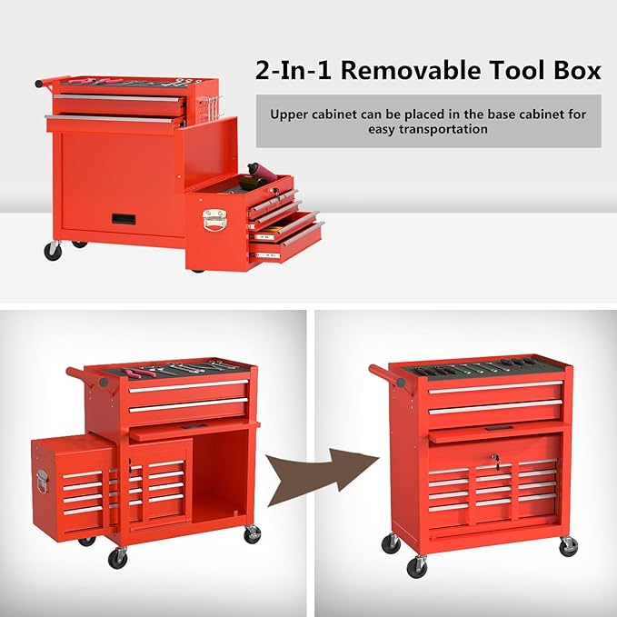 8 Drawer Tools Chest,42.9 inch Tool Cabinet with Universal Lockable Wheels，Organizable Tool Box with Detachable Top Box for Workshop，RED