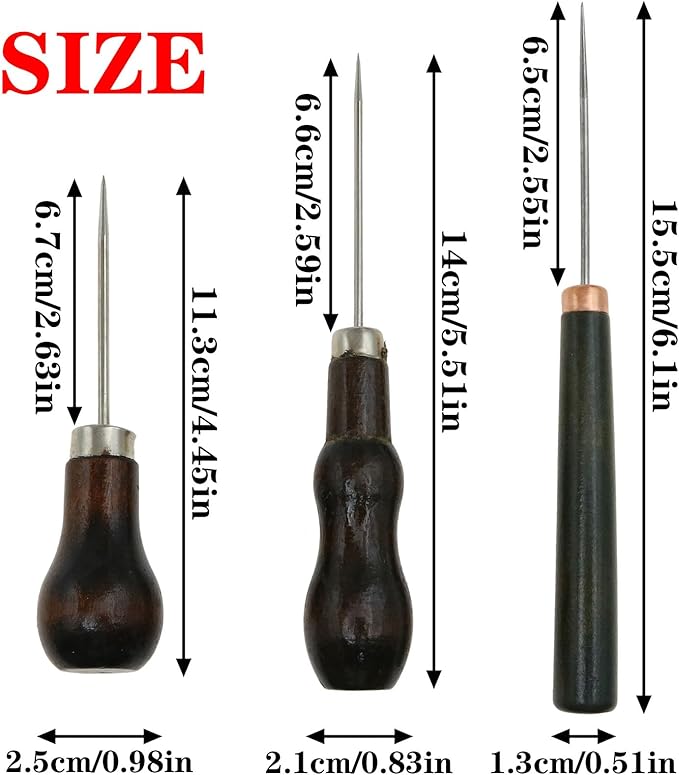 safycaby 3 Pack Scratch Awl Tool Gourd Shape Wooden Handle Awl Pin Punching for Leather Punch Crafts Repair Footwear Sewing Crochet DIY Hand Sewing
