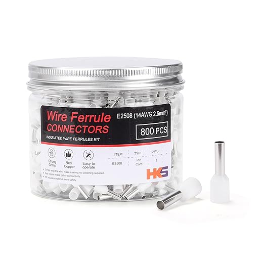 HKS 800PCS Wire Ferrule Connectors - AWG 14-2.5mm² Copper Barrel Pin Cord Ends Insulated Ferrules Terminals - E2508 White
