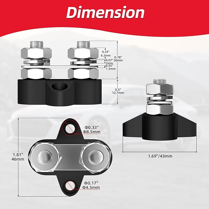 Joinfworld Bus Bar 12V 250A Power Distribution Block Dual 5/16"(M8) Studs 12 Volt Terminal Block Battery Busbar Junction Block for Auto Car Marine Boat - Positive&Negative