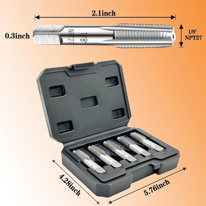 5-Piece NPT Pipe Tap Set, Precision Carbon Steel NPT Tap Thread Cutting Brill Bits Set for Clean Accurate Threads, 1/8" NPT Tap, Perfect for Plumbers Mechanics DIYers, with Durable Plastic Case.