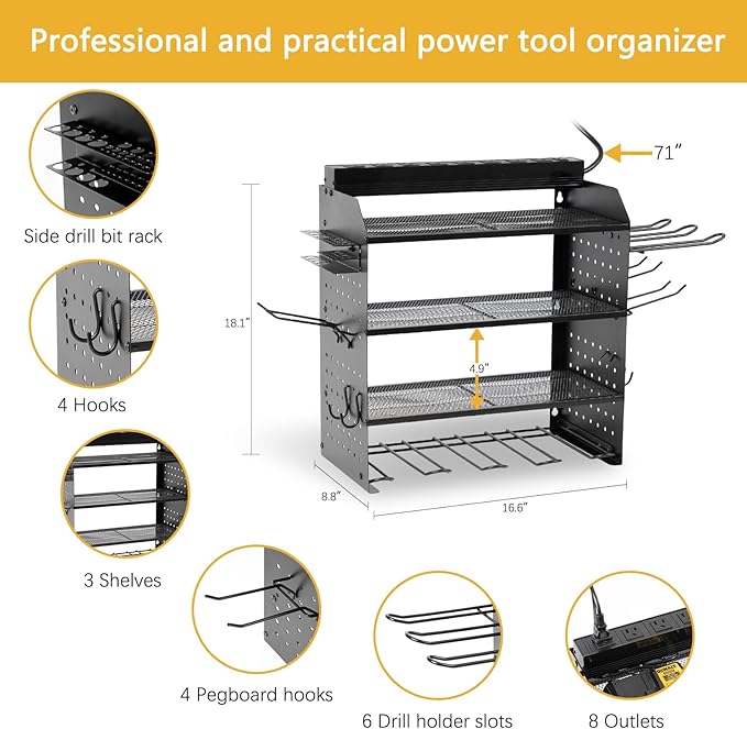 Modular Power Tool Organizer Wall Mount with Charging Station,8 Outlets,4-Layer,6 Drill Holders,4 Hooks,Metal drill holder wall mount,6.5ft Cord,Garage,Workbench,Workshop,Black