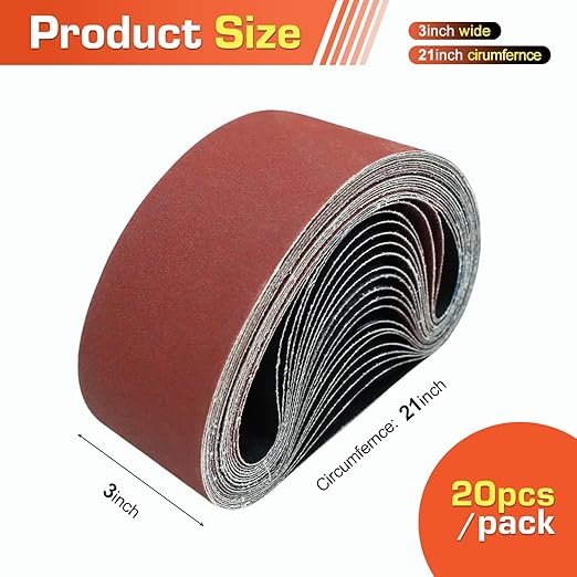 KonaFlex Sanding Belts 20 Pack 3x21 Inch Belt Sander Paper Aluminum Oxide with 60/80/120/150/240 Grits for Woodworking, Paint Sanding, Metalworking, Rust Removal