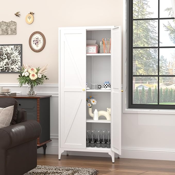 GREATMEET 65" Tall Kitchen Pantry Storage Cabinet, White Pantry Storage Cabinet, Farmhouse Metal Kitchen Cupboard with Doors for Garage, Dining Room, Living Room and Laundry
